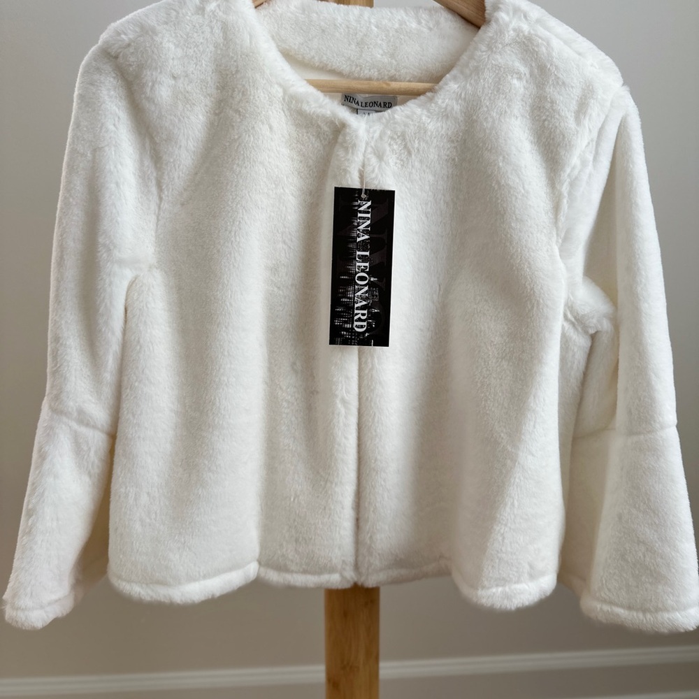 Nina Leonard White Faux Fur Jacket with bell sleeves